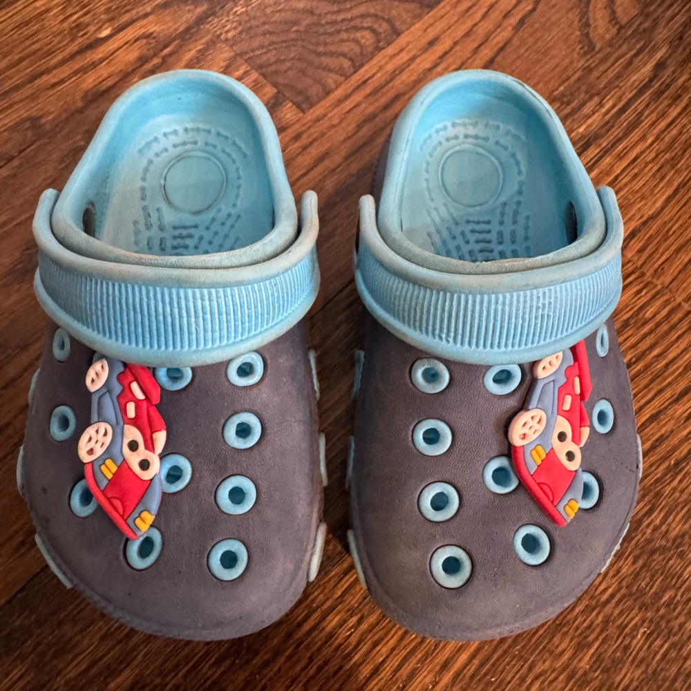 Kids Blue and Gray Clogs with Car Design